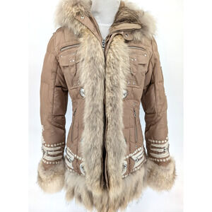 VTG Bogner x Goan Thylmann Down Fox Fur Trim Ski Coat Womens Size 6 Khaki Rare